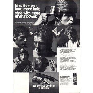 1973 Schick Styling Dryer Men's Hair Drier Vintage Print Ad Grooming Wall Art